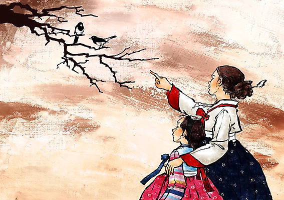 PSD 나무 동물 한국문화 한국전통 전통 여자 딸 일러스트 조류 모녀 엄마 서기 사람 두명 노을 나뭇가지 가리킴 전통의상 한복 까치 여자만 국내일러스트 자연요소 식물 동양문화 가족 모션 한국 손짓 파일형식