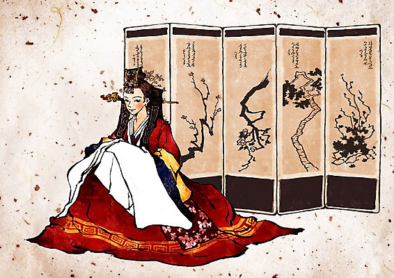 PSD 한국문화 한국전통 전통 여자 신부 일러스트 한명 미소 웃음 사람 앉기 전통의상 한복 전통혼례 병풍 혼례복 여자만 여자한명만 국내일러스트 1 동양문화 결혼 모션 한국 표정 전통의례 파일형식