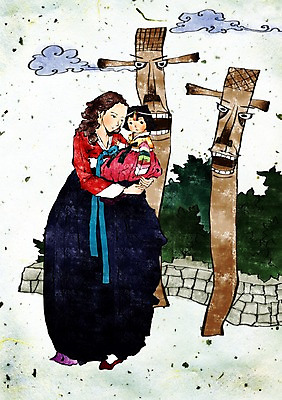 전신 PSD 구름 한국문화 한국전통 전통 여자 딸 어린이 일러스트 안기 모녀 엄마 서기 사람 소녀 두명 전통의상 한복 장승 여자만 국내일러스트 자연요소 동양문화 가족 모션 한국 파일형식