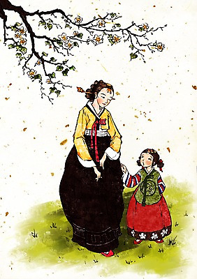 전신 PSD 나무 한국문화 한국전통 전통 여자 딸 어린이 일러스트 모녀 엄마 꽃나무 서기 사람 소녀 두명 전통의상 한복 여자만 국내일러스트 식물 동양문화 꽃 가족 모션 한국 파일형식