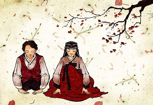 PSD 나무 한국문화 한국전통 전통 부부 커플 여자 남자 일러스트 꽃나무 사람 두명 새해인사 인사 절 전통의상 한복 국내일러스트 식물 동양문화 꽃 관계 새해 한국 예절 파일형식