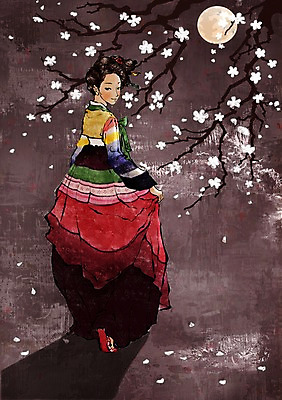 전신 PSD 나무 한국문화 한국전통 전통 여자 일러스트 꽃나무 그림자 한명 서기 미소 웃음 사람 보름달 달 전통의상 한복 여자만 여자한명만 국내일러스트 자연요소 식물 1 동양문화 꽃 모션 한국 표정 파일형식