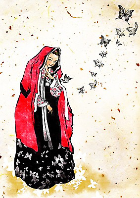 전신 PSD 한국문화 한국전통 전통 여자 나비 곤충 일러스트 한명 서기 미소 웃음 사람 전통의상 한복 여자만 여자한명만 국내일러스트 동물 1 동양문화 모션 한국 표정 파일형식