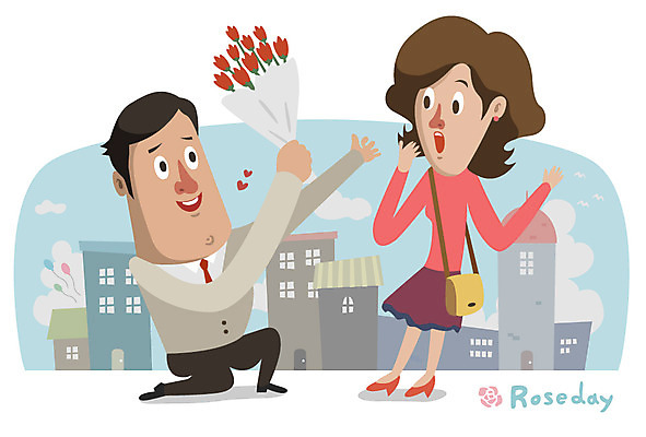 EPS 커플 여자 남자 꽃 꽃다발 프로포즈 일러스트 선물 사랑 사람 이벤트 두명 건물 장미 도시 데이 로즈데이 국내일러스트 식물 건축물 기념일 감정 관계 데이이벤트 파일형식 벡터
