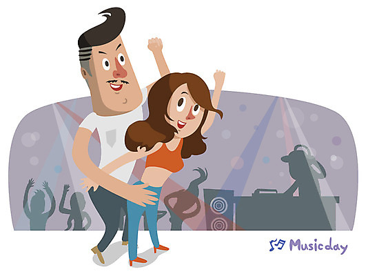 EPS 전신 커플 여자 남자 음악 일러스트 조명 서기 사람 이벤트 두명 춤 DJ 데이 클럽 뮤직데이 국내일러스트 기념일 관계 모션 문화예술 파일형식 벡터