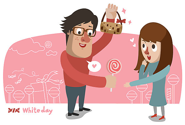 EPS 전신 커플 여자 남자 가방 일러스트 화이트데이 디저트 막대사탕 사탕 선물 서기 미소 웃음 사람 이벤트 두명 핸드백 데이 국내일러스트 잡화 기념일 음식 관계 모션 데이이벤트 표정 파일형식 벡터