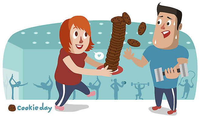 EPS 전신 접시 여자 남자 음식 일러스트 디저트 서기 미소 웃음 사람 이벤트 두명 운동복 운동 쿠키 과자 운동기구 헬스 아령 헬스장 데이 땀 쿠키데이 국내일러스트 식기 옷 기념일 모션 데이이벤트 표정 건강 파일형식 벡터