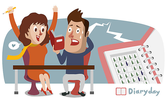 EPS 전신 여자 남자 일러스트 탁자 미소 웃음 사람 앉기 이벤트 두명 다이어리 계획 번개 데이 스케줄러 다이어리데이 국내일러스트 기념일 가구 컨셉 모션 데이이벤트 날씨 표정 사무용품 파일형식 벡터