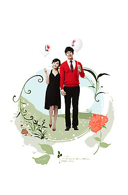 전신 PSD 편집 편집이미지 커플 여자 남자 꽃 서기 미소 웃음 사람 이벤트 두명 장미 파티 손잡기 풍선 이미지편집 식물 관계 모션 표정 파일형식