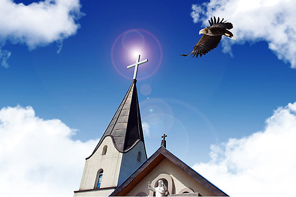 PSD 동물 구름 편집 편집이미지 한마리 기독교 종교 시계 십자가 조류 하늘 사람없음 건물 교회 시계탑 독수리 이미지편집 자연요소 1 건축물 종교건축 탑 파일형식