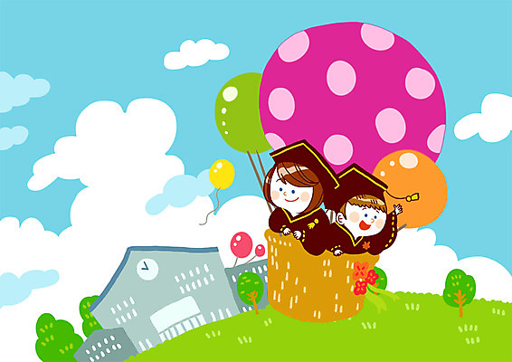 PSD 나무 구름 학생 여학생 여자 교육 남자 남학생 일러스트 학사모 졸업 학교 하늘 미소 웃음 사람 두명 건물 스쿨라이프 열기구 풍선 국내일러스트 자연요소 식물 모자_잡화 라이프스타일 건축물 항공교통 표정 파일형식