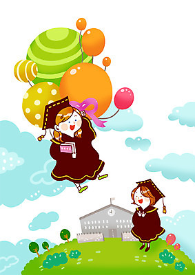 전신 PSD 나무 구름 학생 여자 교육 일러스트 졸업 학교 상상 서기 미소 웃음 사람 초원 두명 건물 스쿨라이프 졸업장 언덕 풍선 여자만 국내일러스트 자연요소 식물 라이프스타일 건축물 모션 표정 파일형식