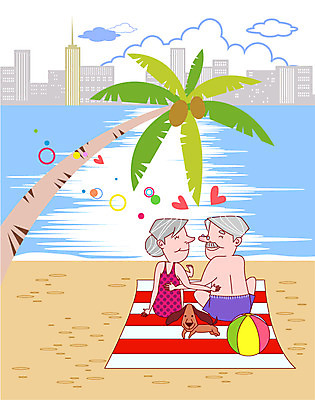 EPS 전신 동물 한마리 부부 커플 여자 할아버지 노년 남자 수영복 행복 할머니 바다 데이트 일러스트 공 휴가 사랑 미소 웃음 사람 앉기 해변 두명 건물 라이프 실버라이프 노후 반려동물 모래사장 야자수 노부부 도시 개 강아지 노인만 성인만 국내일러스트 나무 1 라이프스타일 건축물 옷 감정 포유류 관계 모션 표정 성인 생활 파일형식 벡터