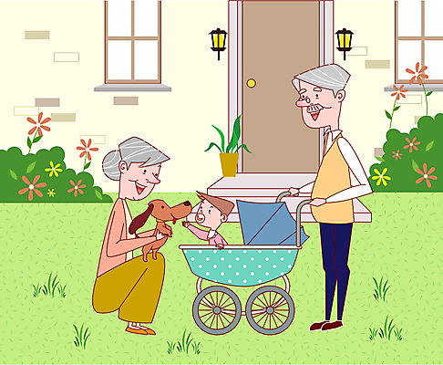 EPS 전신 동물 한마리 여자 할아버지 노년 남자 행복 할머니 일러스트 손자 사랑 서기 미소 웃음 사람 앉기 잔디 취미 라이프 세명 실버라이프 노후 반려동물 정원 아기 개 강아지 유모차 국내일러스트 식물 1 라이프스타일 감정 포유류 모션 표정 성인 생활 아기용품 손주 파일형식 벡터