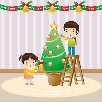 EPS 여자 기념일 남자 어린이 크리스마스장식 크리스마스 겨울 일러스트 사다리 크리스마스용품 사람 소녀 소년 두명 장식 크리스마스트리 종 장식종 크리스마스종 어린이만 국내일러스트 계절 이벤트 도구 용품 파일형식 벡터