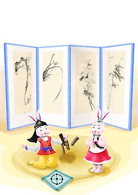 PSD 동물 캐릭터 한국전통 동물캐릭터 두마리 일러스트 놀이 전통캐릭터 근하신년 새해 전통놀이 십이지신 토끼띠 토끼 윷 윷놀이 전통의상 한복 신년캐릭터 토끼캐릭터 병풍 신묘년 윷판 국내일러스트 일러캐릭터 전통 2 포유류 한국 반려동물 2011년 파일형식