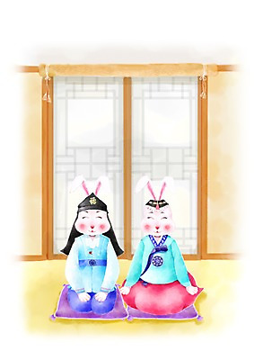 PSD 동물 캐릭터 한국전통 동물캐릭터 두마리 일러스트 전통캐릭터 근하신년 새해 방석 문 방 새해인사 십이지신 토끼띠 토끼 인사 절 전통의상 한복 신년캐릭터 토끼캐릭터 신묘년 국내일러스트 일러캐릭터 전통 2 포유류 한국 반려동물 예절 2011년 파일형식