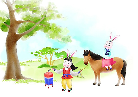 PSD 나무 식물 동물 캐릭터 한국전통 동물캐릭터 두마리 일러스트 전통캐릭터 근하신년 새해 초원 십이지신 등불 토끼띠 토끼 말_동물 풀 승마 전통의상 한복 신년캐릭터 토끼캐릭터 청사초롱 신묘년 고삐 국내일러스트 일러캐릭터 전통 스포츠 2 포유류 조명 한국 반려동물 2011년 초롱 파일형식