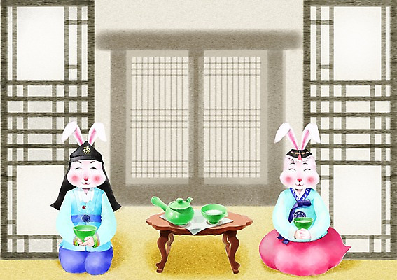 PSD 동물 캐릭터 한국전통 동물캐릭터 두마리 일러스트 전통캐릭터 근하신년 새해 문 방 십이지신 토끼띠 토끼 차 찻잔 다기 다도 전통의상 한복 신년캐릭터 토끼캐릭터 신묘년 다과상 찻상 국내일러스트 일러캐릭터 전통 음료 2 포유류 탁자 잔 한국 반려동물 예절 2011년 다과 파일형식