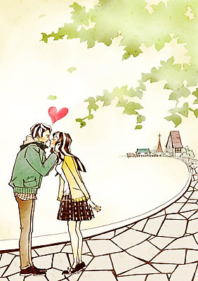 전신 PSD 나무 커플 여자 남자 길 데이트 일러스트 나뭇잎 키스 주택 함께함 사랑 서기 사람 두명 다정 나뭇가지 하트 국내일러스트 모양 식물 감정 컨셉 잎 관계 모션 건물 애정표현 파일형식