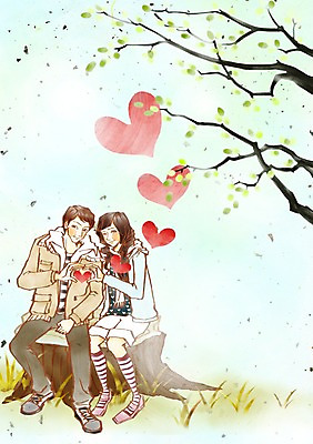 전신 PSD 나무 커플 여자 남자 데이트 일러스트 휴식 함께함 사랑 미소 웃음 사람 앉기 두명 다정 나뭇가지 하트 나무밑둥 국내일러스트 모양 식물 감정 컨셉 관계 모션 표정 파일형식