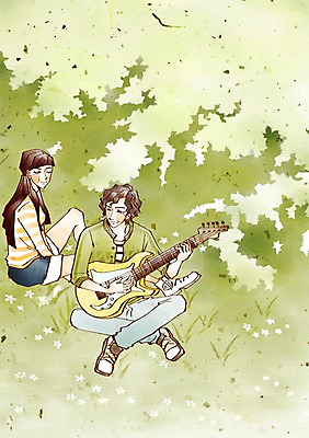 전신 PSD 커플 여자 남자 악기 꽃밭 연주 데이트 일러스트 함께함 사랑 미소 웃음 사람 앉기 두명 다정 감상 기타 하트 국내일러스트 모양 꽃 감정 음악 컨셉 관계 모션 현악기 표정 파일형식