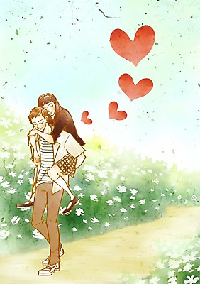 PSD 커플 여자 남자 꽃 길 데이트 일러스트 함께함 사랑 사람 두명 다정 산책 하트 숲 업기 국내일러스트 모양 식물 감정 컨셉 관계 모션 휴식 파일형식