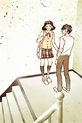 전신 PSD 학생 커플 여자 남자 교복 데이트 일러스트 함께함 사랑 서기 미소 웃음 사람 두명 친구 계단 다정 하트 국내일러스트 모양 옷 감정 컨셉 관계 모션 표정 파일형식