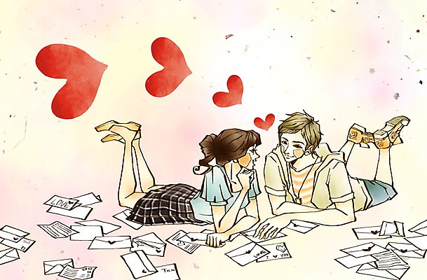 전신 PSD 커플 여자 남자 엎드리기 데이트 일러스트 편지봉투 함께함 사랑 미소 웃음 사람 두명 다정 하트 편지 엽서 편지쓰기 국내일러스트 모양 감정 컨셉 관계 모션 봉투 표정 기록 파일형식