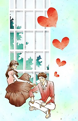 전신 PSD 커플 여자 남자 데이트 일러스트 창문 함께함 사랑 미소 웃음 사람 앉기 두명 다정 방 하트 국내일러스트 모양 감정 컨셉 관계 모션 표정 파일형식