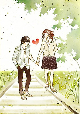 전신 PSD 나무 커플 여자 남자 꽃 데이트 일러스트 함께함 사랑 서기 미소 웃음 사람 두명 계단 손잡기 다정 나뭇가지 하트 화단 국내일러스트 모양 식물 감정 컨셉 관계 모션 표정 파일형식