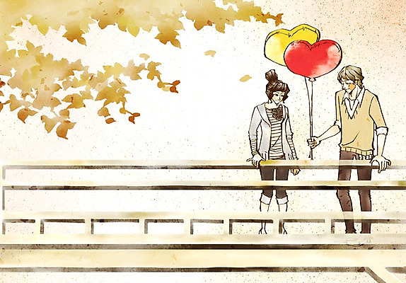 전신 PSD 커플 여자 남자 데이트 일러스트 나뭇잎 함께함 사랑 서기 사람 두명 다정 나뭇가지 하트 풍선 가교 국내일러스트 모양 나무 건축물 감정 컨셉 잎 관계 모션 파일형식