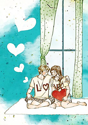 PSD 커플 여자 남자 쿠션 데이트 일러스트 창문 함께함 사랑 미소 웃음 사람 두명 다정 방 하트 커튼 커플티 국내일러스트 모양 감정 컨셉 관계 표정 커플룩 파일형식