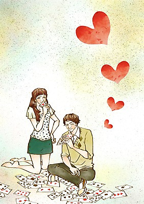 전신 PSD 커플 여자 남자 데이트 일러스트 놀이 함께함 사랑 미소 웃음 사람 앉기 두명 다정 하트 트럼프 국내일러스트 모양 감정 컨셉 관계 모션 표정 놀이용품 파일형식