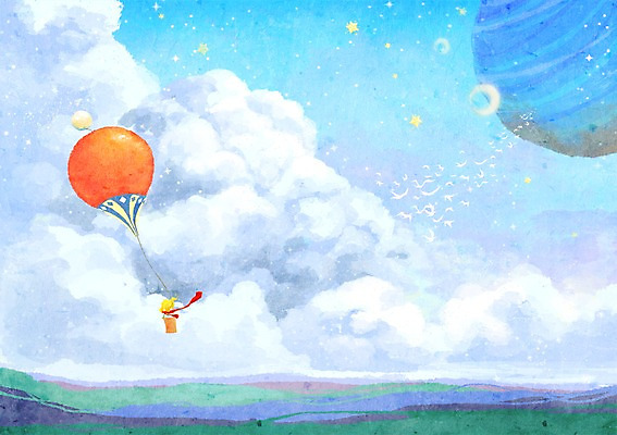 PSD 구름 여자 별 바다 여행 백그라운드 일러스트 상상 조류 하늘 한명 사람 판타지 우주 행성 달 기구 열기구 우주여행 여자만 여자한명만 국내일러스트 자연요소 동물 1 항공교통 파일형식