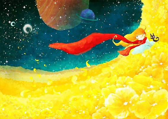 PSD 동물 한마리 여자 꽃 별 여행 백그라운드 꽃밭 일러스트 상상 한명 미소 웃음 사람 반려동물 판타지 노란색 우주 고양이 행성 우주여행 여자만 여자한명만 국내일러스트 자연요소 식물 1 컬러 포유류 표정 파일형식