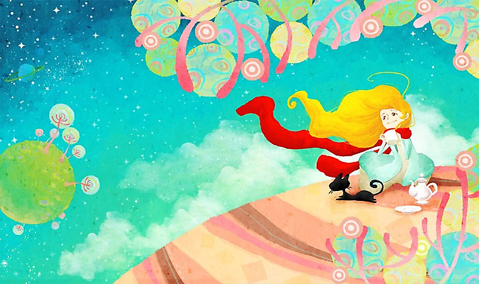 PSD 나무 동물 한마리 여자 별 여행 백그라운드 일러스트 상상 주전자 티타임 한명 미소 웃음 사람 앉기 컵 반려동물 판타지 우주 고양이 행성 차 우주여행 여자만 여자한명만 국내일러스트 자연요소 식물 1 식기 음료 포유류 모션 주방용품 휴식 표정 파일형식