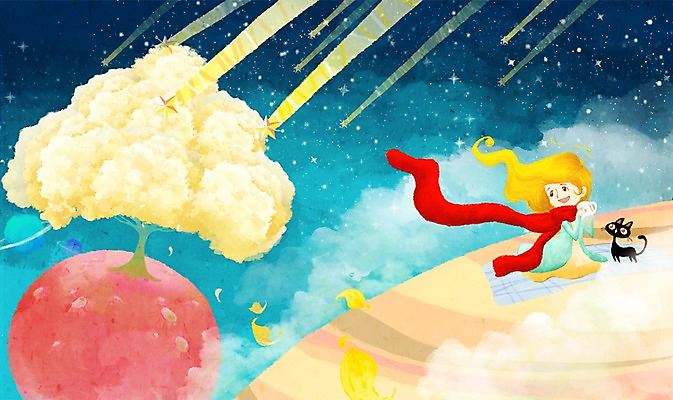 PSD 나무 동물 한마리 여자 별 여행 백그라운드 일러스트 상상 한명 미소 웃음 사람 앉기 반려동물 판타지 소풍 우주 고양이 유성 우주여행 혜성 여자만 여자한명만 국내일러스트 자연요소 식물 1 포유류 모션 표정 야외활동 파일형식