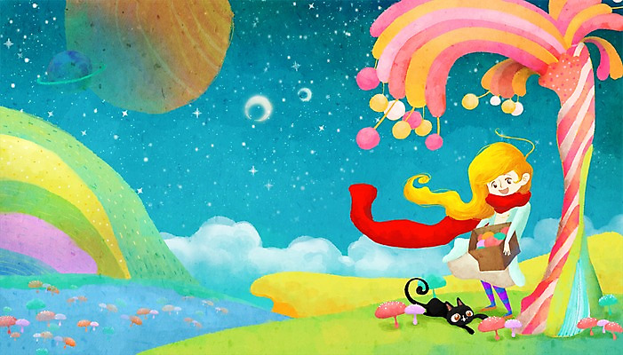 PSD 나무 동물 한마리 여자 열매 별 여행 백그라운드 일러스트 상상 한명 미소 웃음 사람 반려동물 판타지 우주 고양이 행성 우주여행 여자만 여자한명만 국내일러스트 자연요소 식물 1 포유류 표정 파일형식