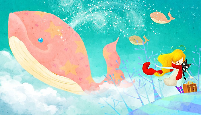 PSD 나무 동물 한마리 여자 별 여행 백그라운드 일러스트 상상 한명 서기 미소 웃음 사람 반려동물 판타지 우주 고양이 행성 고래 우주여행 여자만 여자한명만 국내일러스트 자연요소 식물 1 포유류 모션 표정 수중동물 파일형식