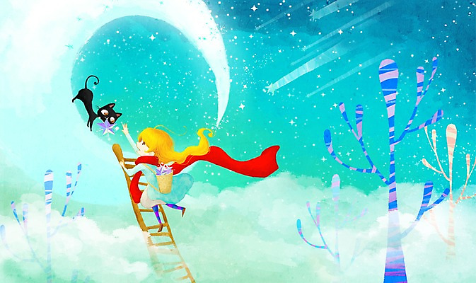 PSD 나무 동물 한마리 여자 별 여행 백그라운드 일러스트 사다리 상상 한명 서기 사람 반려동물 판타지 우주 고양이 행성 달 우주여행 별따기 여자만 여자한명만 국내일러스트 자연요소 식물 1 포유류 모션 도구 파일형식