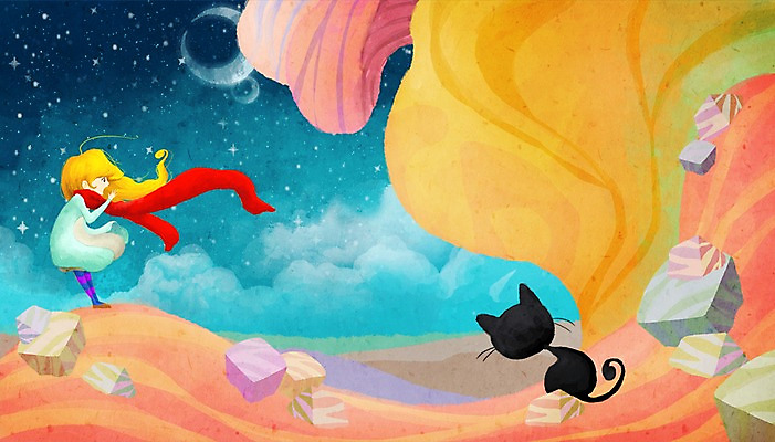 PSD 동물 한마리 여자 별 여행 백그라운드 일러스트 상상 한명 서기 사람 반려동물 판타지 우주 고양이 절벽 행성 암석 돌_바위 우주여행 여자만 여자한명만 국내일러스트 자연요소 1 포유류 모션 파일형식