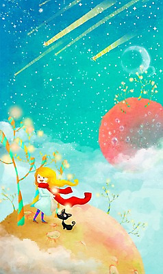 PSD 나무 동물 한마리 여자 별 여행 백그라운드 일러스트 상상 한명 서기 미소 웃음 사람 반려동물 판타지 우주 고양이 행성 유성 우주여행 혜성 여자만 여자한명만 국내일러스트 자연요소 식물 1 포유류 모션 표정 파일형식