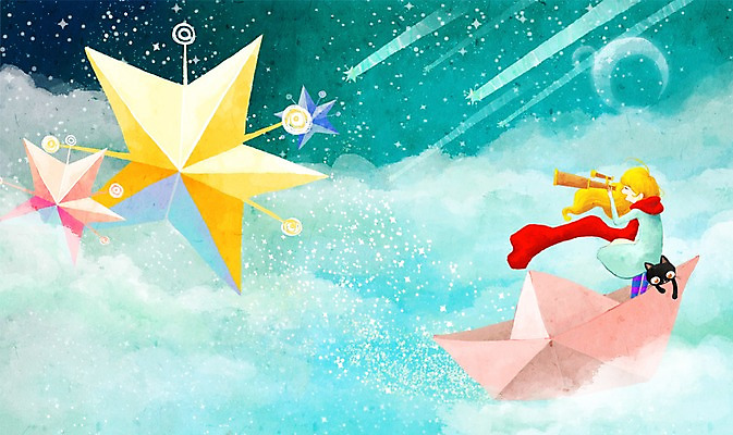 PSD 동물 한마리 여자 별 여행 백그라운드 일러스트 상상 한명 서기 미소 웃음 사람 반려동물 판타지 우주 고양이 망원경 행성 유성 종이배 우주여행 혜성 여자만 여자한명만 국내일러스트 자연요소 1 포유류 모션 표정 종이접기 파일형식