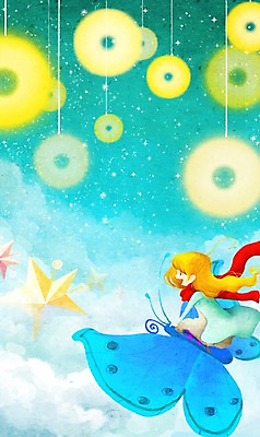 PSD 여자 별 여행 나비 백그라운드 일러스트 상상 한명 미소 웃음 사람 판타지 우주 행성 우주여행 여자만 여자한명만 국내일러스트 자연요소 1 곤충 표정 파일형식