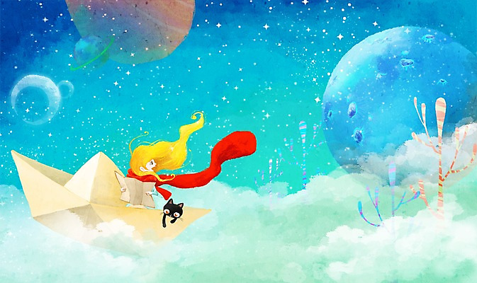 PSD 나무 동물 한마리 여자 별 여행 백그라운드 일러스트 상상 한명 미소 웃음 사람 반려동물 판타지 우주 고양이 행성 달 종이배 우주여행 여자만 여자한명만 국내일러스트 자연요소 식물 1 포유류 표정 종이접기 파일형식