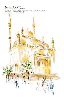 PSD 나무 건축물 백그라운드 일러스트 이집트 풍경 건물 세계 야자수 궁전 도시 보행자 복잡 카이로 국내일러스트 식물 건축 컨셉 고건축 아프리카 파일형식