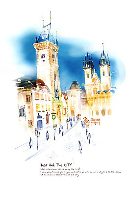 PSD 백그라운드 야경 가로등 일러스트 조명 거리 빌딩 건물 세계 도시 보행자 체코 프라하 복잡 국내일러스트 건축물 공공시설 유럽 컨셉 야간 파일형식 풍경_경치