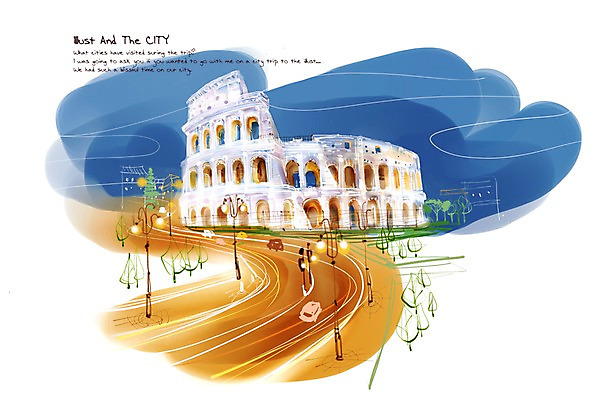 PSD 나무 건축물 백그라운드 가로등 일러스트 자동차 조명 거리 풍경 세계 이탈리아 도시 가로수 콜로세움 복잡 국내일러스트 식물 공공시설 건축 유럽 육상교통 컨셉 로마 파일형식