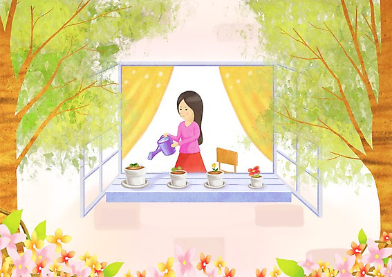 PSD 나무 사계절 계절 여자 꽃 화분 백그라운드 꽃밭 의자 일러스트 창문 자연 주택 따뜻함 한명 사람 풍경 봄풍경 봄 물뿌리개 물주기 계절백그라운드 여자만 여자한명만 봄배경 국내일러스트 식물 1 가구 모션 건물 생태계 파일형식